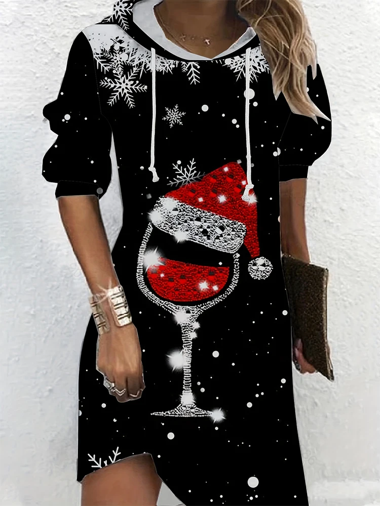 Women\'s Christmas Wine Glass Printed Hoodie Casual Long Sleeve Dresses Autumn Fashion Model Autumn Best Choice