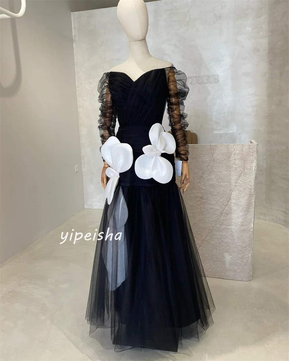 Customized Tulle Ruched Birthday A-line Off-the-shoulder Bespoke Occasion Gown Long Dresses