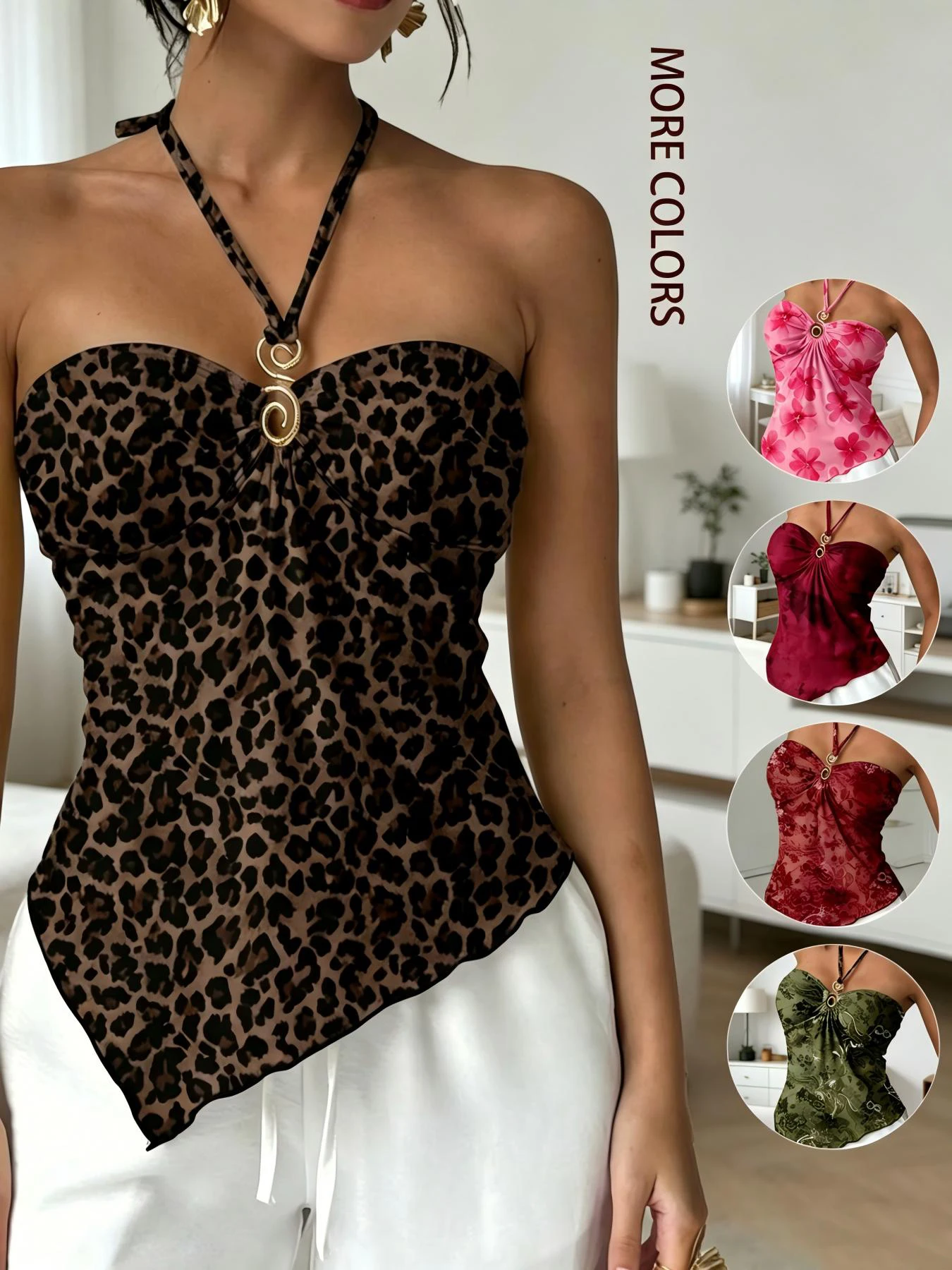 Women Halter Neck Tie Camisole Heart Neck Metal Ring Ruched Irregular Hanky Hem Tank Top Floral Print Slim Fit Going Out Blouse