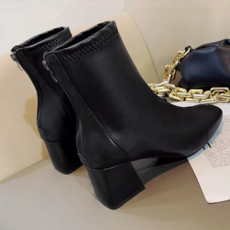 Thick Bottom Ankle Boots for Women Spring Autumn Fashion Black White Women\'s Shoes Chunky High Heels Round Head Short Botines