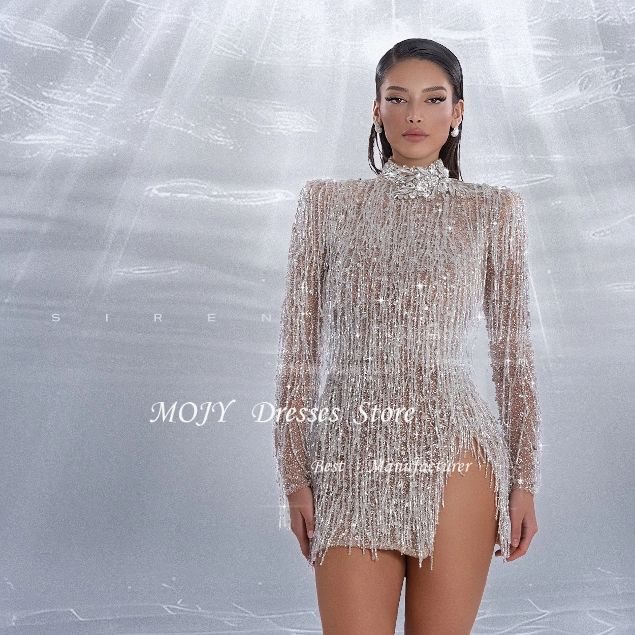 Mojy Luksusowa Sukienka Wieczorowa Mini z Rękawami Ozdobionymi Koralikami i Cekinami, Sukienka na Imprezę, Kostium na Występy, Sukienki na Specjalne Okazje