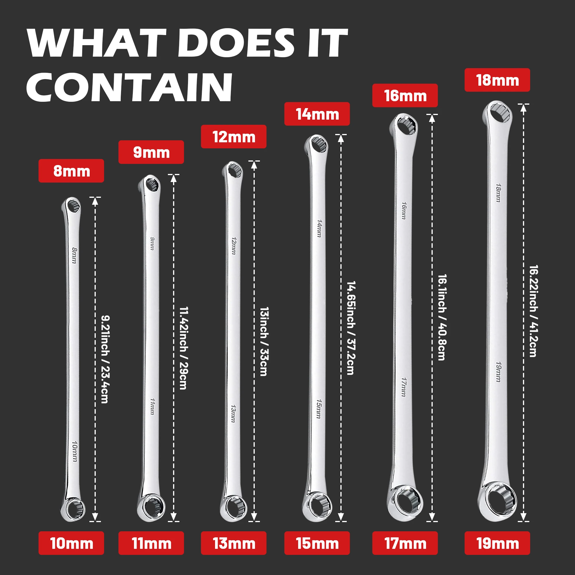 EZARC 6pcs Wrenches Metric 8mm-19mm Extra Long Box End Wrench Set for Car Repair CRV Combination Durable Aviation Spanners