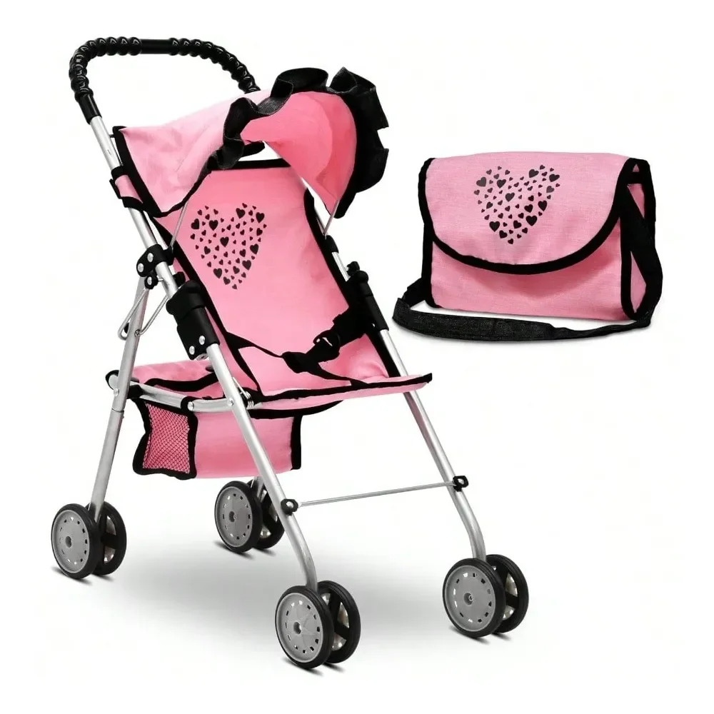 

Doll Stroller For Girls Toddler Toy Buggy Carriage Foldable With Canopy Sge Basket Travel Diaper Bag Heart Design