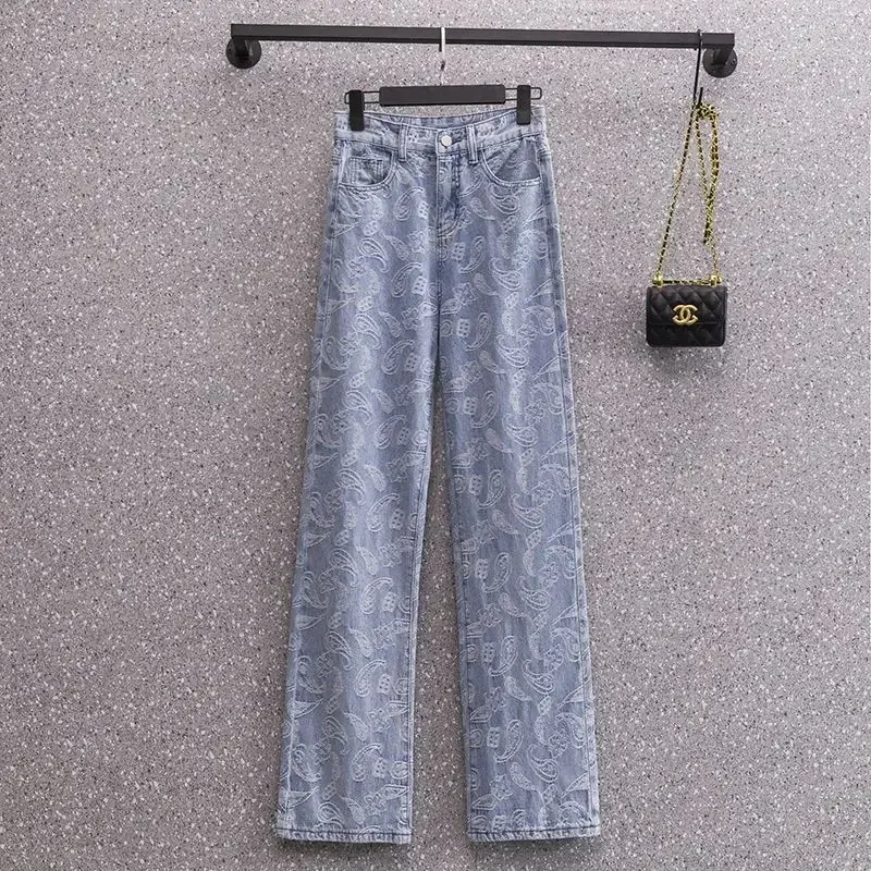 Autumn Paisley Jeans Women 2024 New High Waist Ins Korean Style Loose Slimming Internet Celebrity Straight Wide Leg Pants