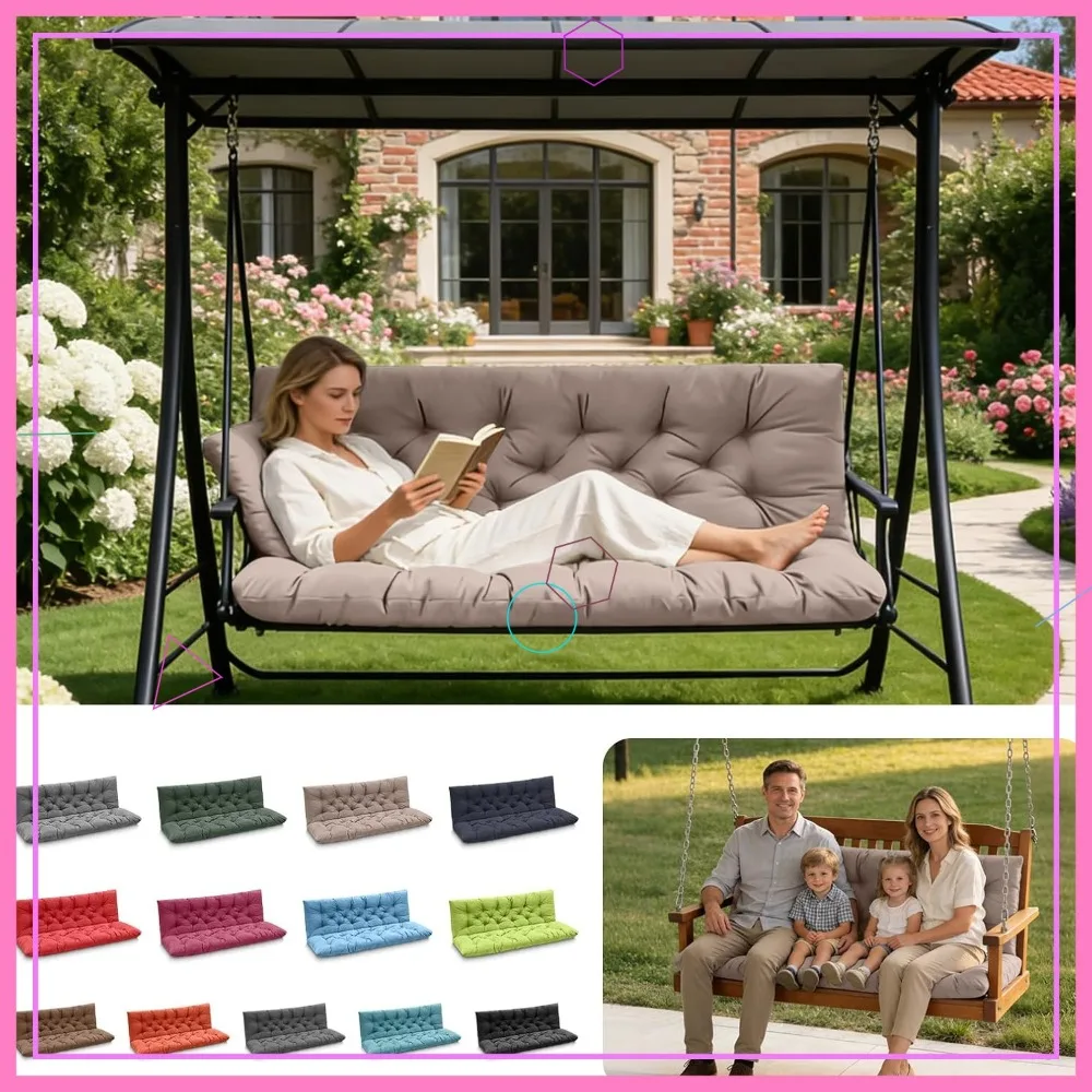 

Outdoor Swing Cushions 3 Seater with Backrest, Waterproof Bench Cushion with Ties, 60x40 in Khaki