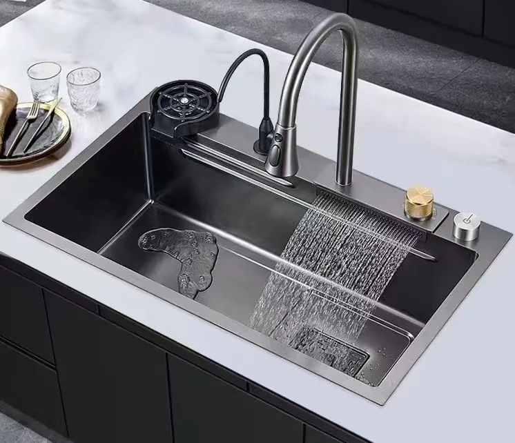 

Fully Equipped 304 Stainless Steel Sink Kitchen Sink Rain Pumping Waterfall Faucet Single Slot Vegetable Washing Basin