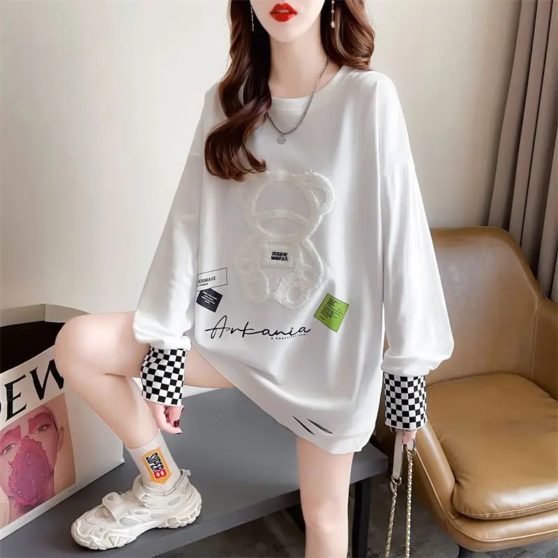 Winter Fleece Loose Fashion Printing O-neck T-Shirts Women Clothing Casual Letter Long Sleeve Striped Mid Length Top Female Tops