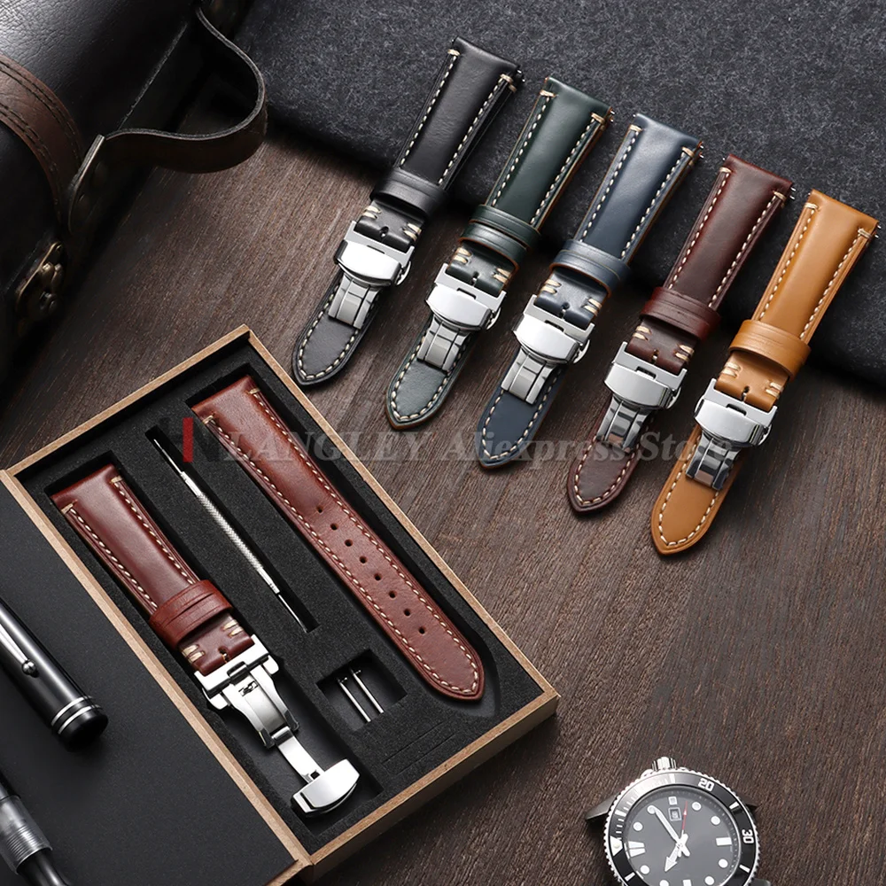 20mm 22mm 24mm Echtleder-Uhrenarmbänder mit Holzbox, Schmetterlingsverschluss, Schnellverschluss-Armband, Genähtes Band-Zubehör