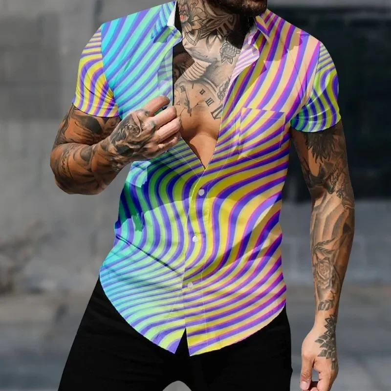 Hawaiian Shirt for Men Fashion Wave Tie-Dye Stripes Casual Holiday Streetwear Tops Harajuku 3D Print Short Sleeve Beach Clothes