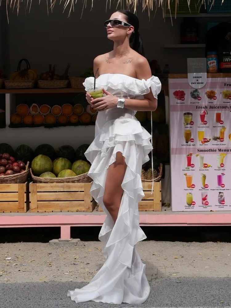 

Irregular Trailing Ruffled Long Dress Off Shoulder Perspective Waist Cinched Lace Up Women Puffy Dresses Layered Pleated Robes