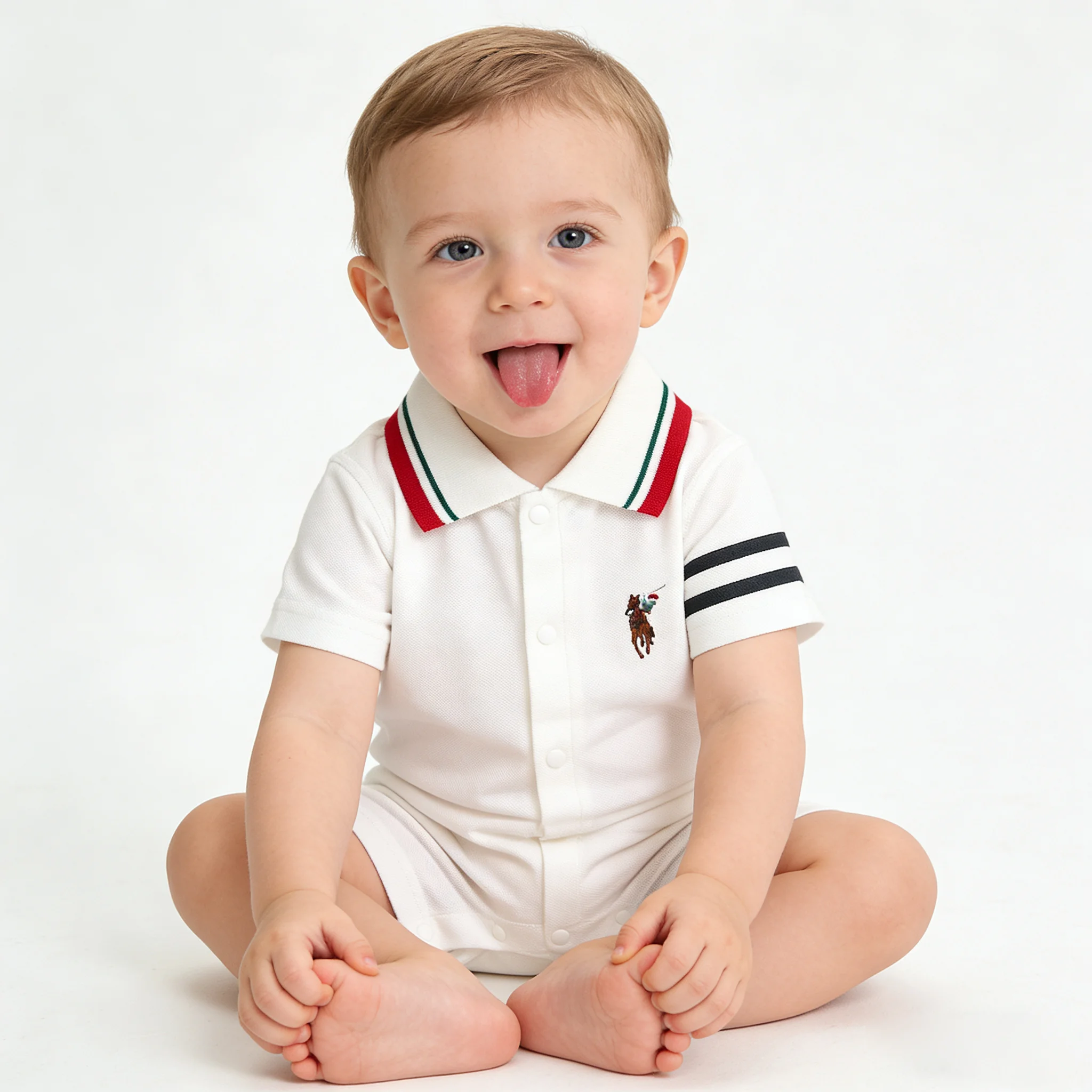 

Baby Boy White Pique Knit Short-Sleeve Polo Romper with Striped Collar And Embroidered Pony Logo Summer One-Piece Bodysuit