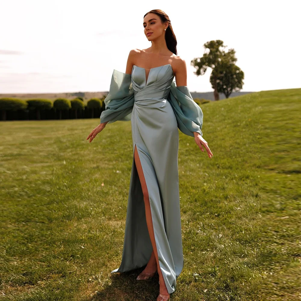 

Strapless Satin Pleated Sexy Sheath Formal Evening Dress Backless Court Side Slit Prom Bridesmaid Gown with Bow vestidos de