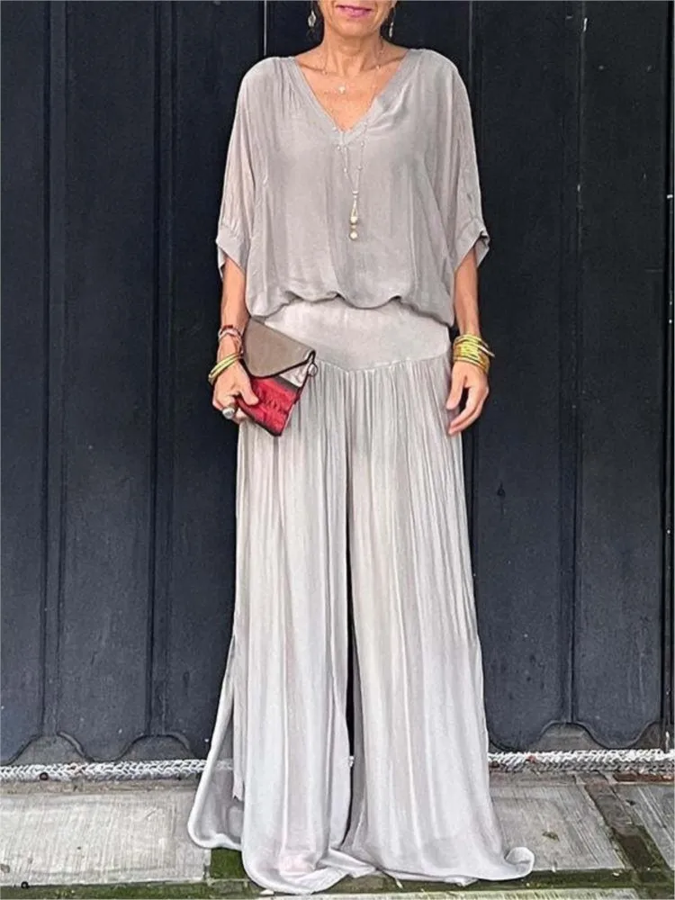 

2025 Summer New Women Solid 2 Piece Set Fashion V-neck Top Chiffon Long Pants Suit Elegant Loose Office Casual Female White Sets