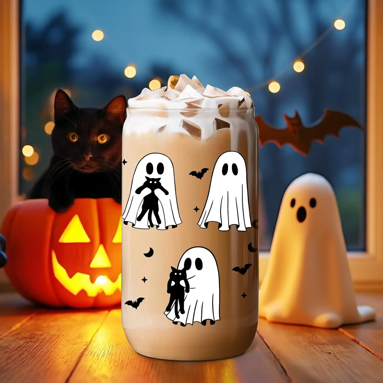 كوب قهوة مثلج على شكل قطة سوداء للهالوين، كوب زجاجي مخيف سعة 16 أونصة مع غطاء من القش، حشو سلة بو، عيد ميلاد قوطي لطيف أسود