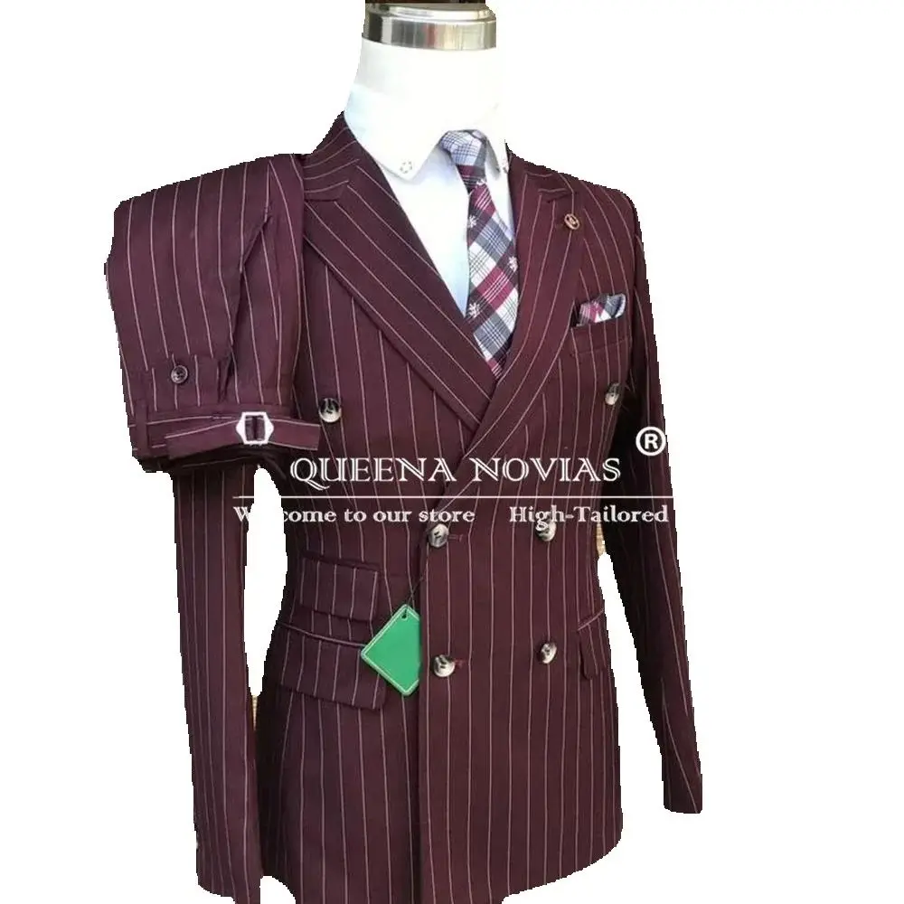 

Двубортные деловые костюмы, мужские пиджаки в полоску для выпускного вечера, мужская куртка для ужина, брюки, комплект из 2 предметов, свадебные смокинги для жениха