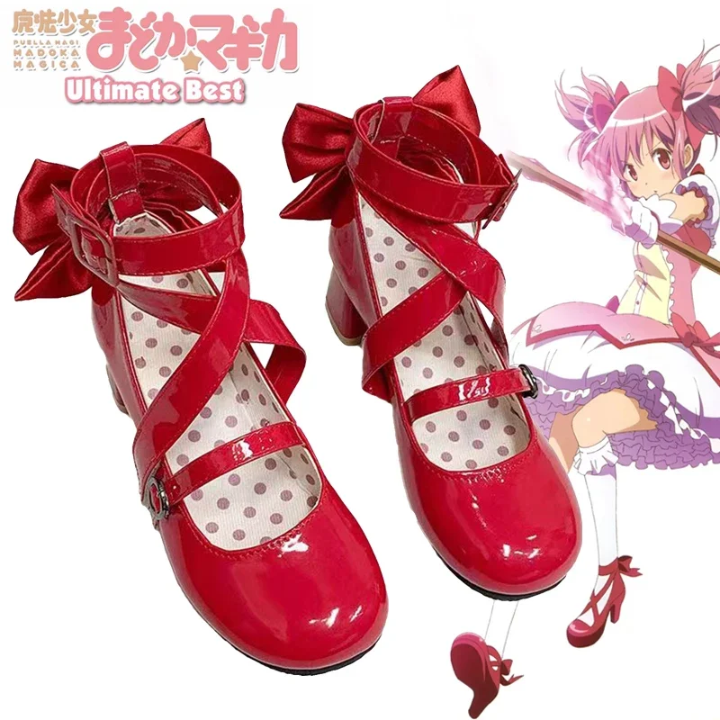 Women Lolita Red Bow High Heels Leather Boots Cosplay Anime Puella Magi Madoka Magica Kaname Madoka Shoes Halloween Costume Prop