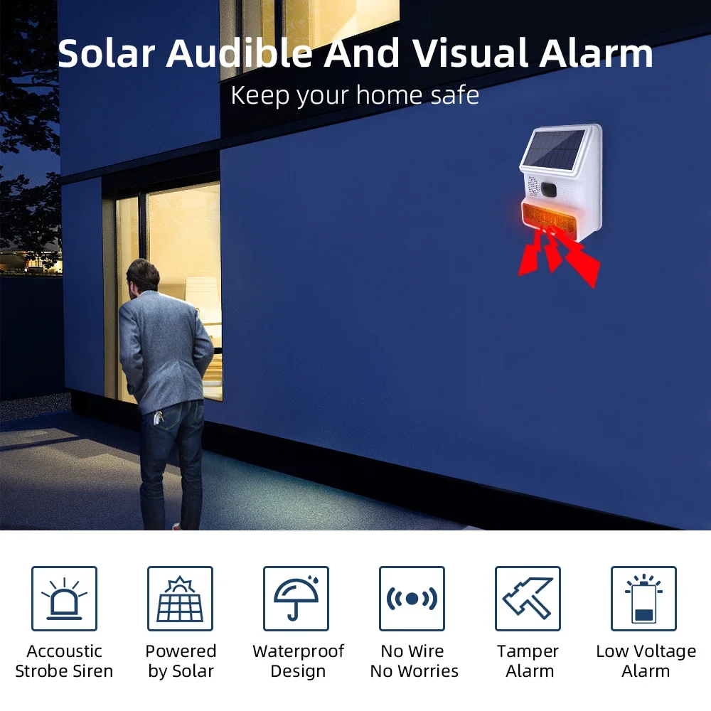 

433MHZ Wireless Waterproof Solar Alarm Siren Outdoor 100DB Sound Light Flash Alarm,1000mAh Backup Battery Ensures security