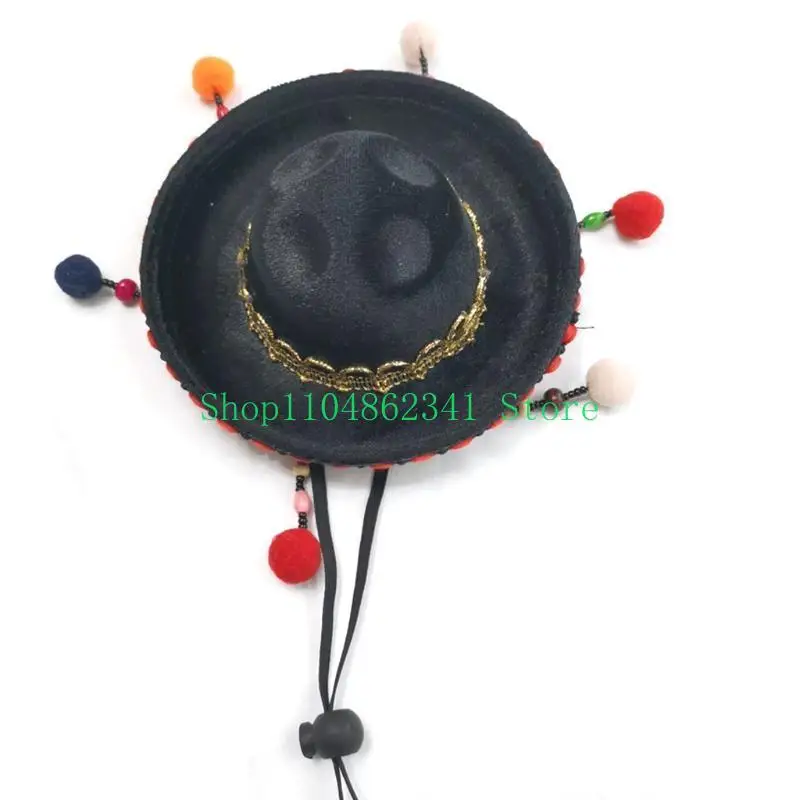 652F Mini Straw Hat Headband with Ball Halloween Hat with Rope Novelty Headdress Decor Party Easter Supplies