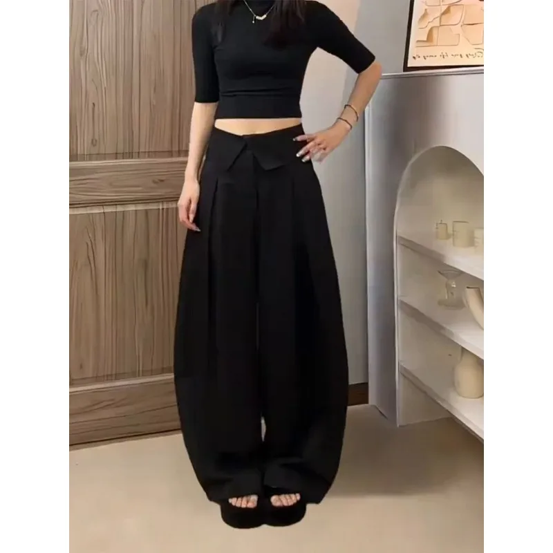 Korean High Waist Lapel Wide Leg Suit Pants Women Draped Loose Floor Length Slim Fit Trousers