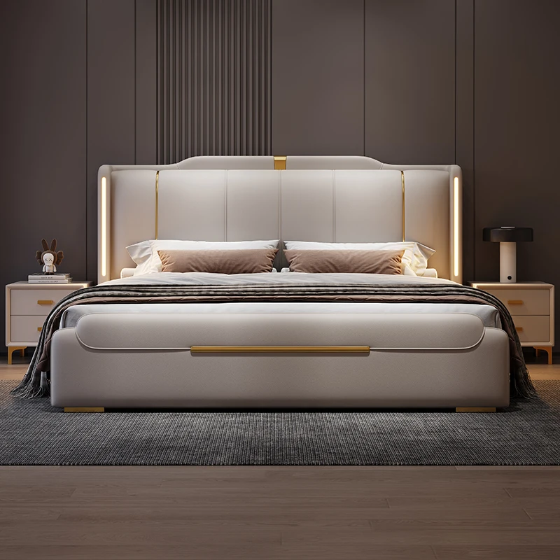 SAT. Luxury Modern King Soft Bed Framed Leather Solid Wood Double Bed with Storage for Home or Hotel Bedroom Furniture