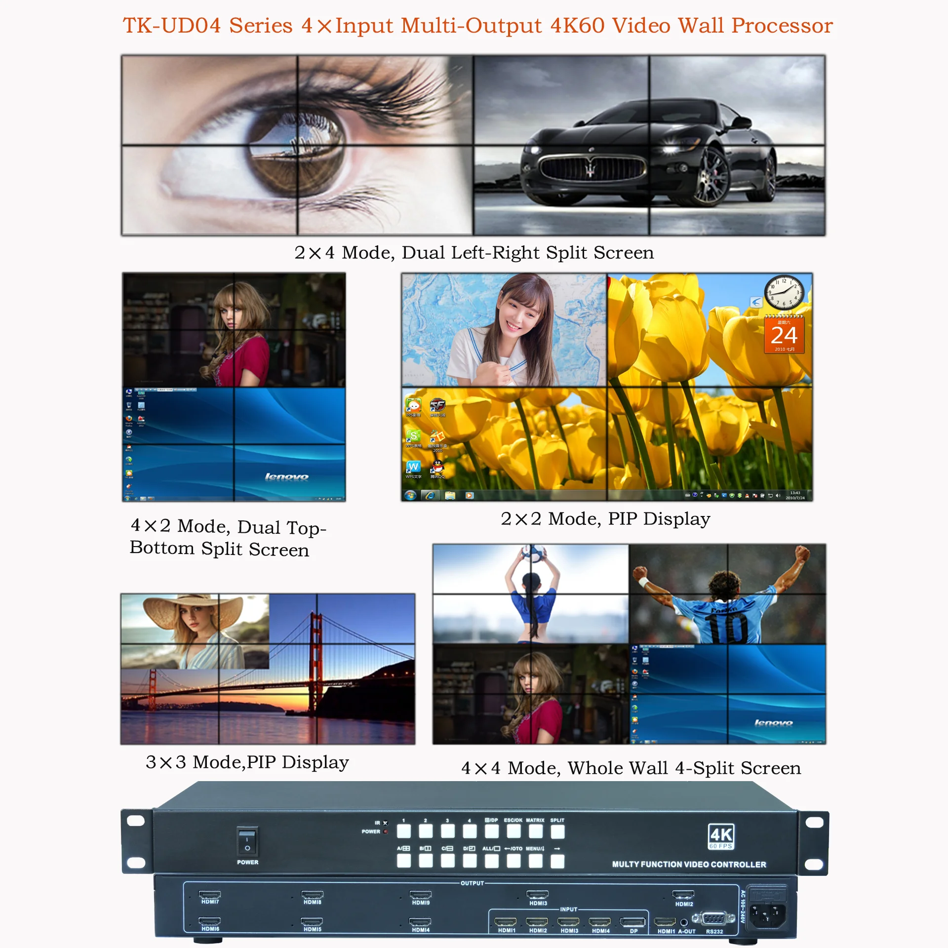 

4K@60Hz 5 Input, 4/6/8/9/12/16 Output Quad Window Video Wall Processor, 4 Input Multiple Output LCD Video Wall Controller