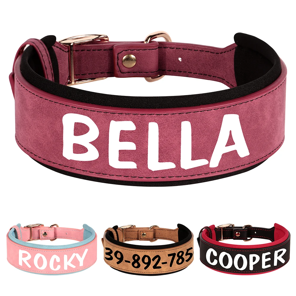 Collar de perro de cuero PU personalizado, collares de identificación de mascotas acolchados anchos, collares con nombre de perros con estampado