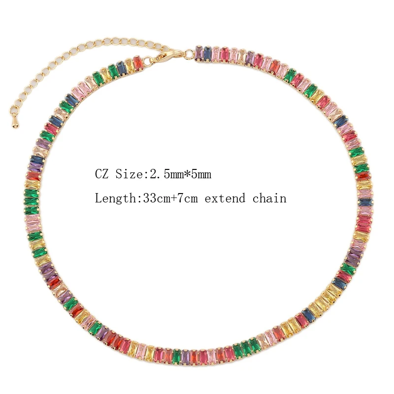 Luxury 18K Gold Iced Out Rainbow Bling 5A Cubic Zirconia Tennis Choker Necklace For Girl Women Fashion Wedding Jewelry Gifts