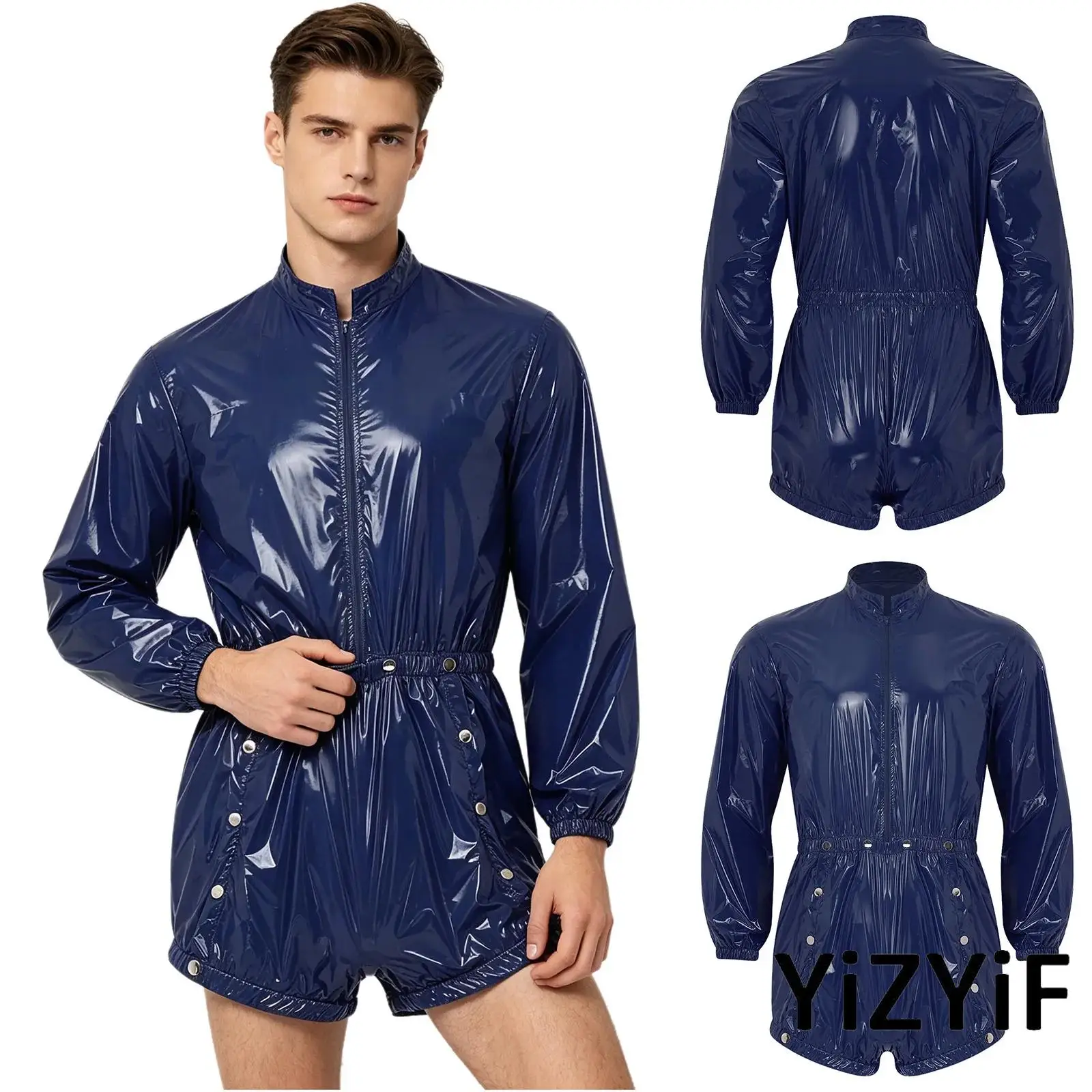 New Men Water Resistant Jumpsuit Diaper Cover Bodysuit Stand Collar Long Sleeve Front Zip Elastic Waist Button Crotch Unitard