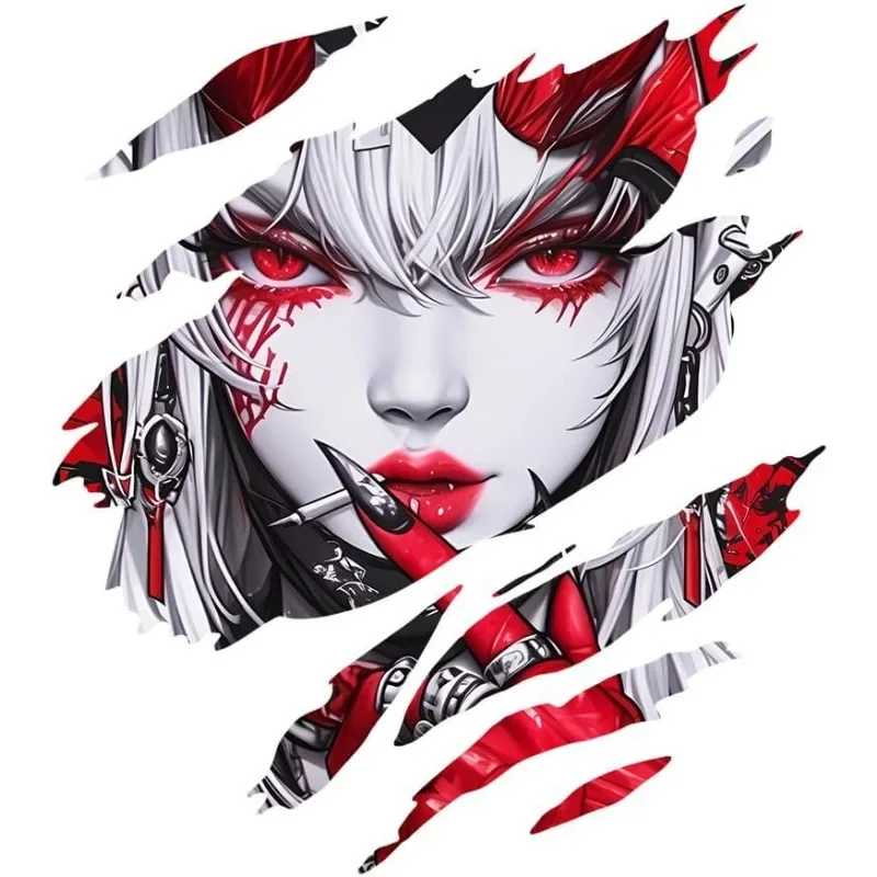 Edgy Red‑Eyed Demon Anime Girl Torn Waterproof Vinyl Decal, Graffiti Sticker for Car Window Trunk Wall Practical Decoration