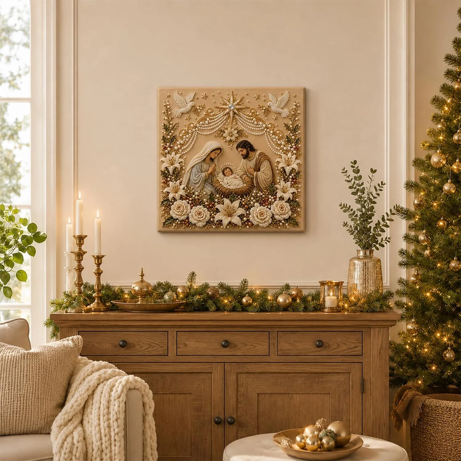 DIY Nativity Scene Diamond Painting Kit – 3D Diamond Art Set for Beginners – 8x8 Inch Pre-Framed Canvas – Christian Wall Art Kit for Adults