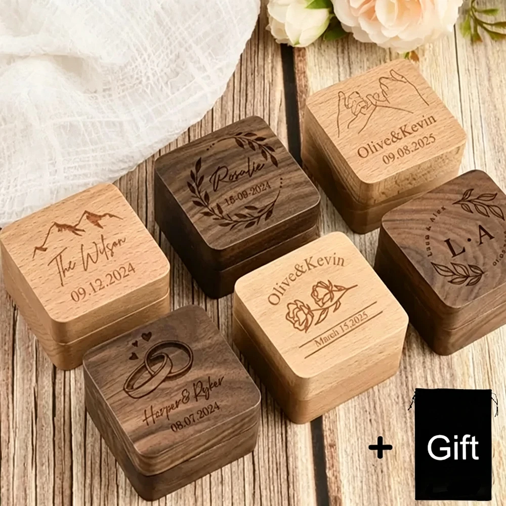Personalized Natural Wood Ring Box Jewelry Ring Proposal Engagement Wedding Organizer Golden Marriage Lover Anniversary Gift