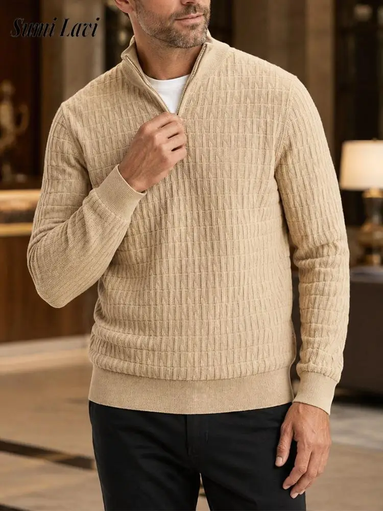 2026 Fall Winter Textured Knit Sweater Polo Shirts Mens Slim Fit Half‑Zip Stand Collar Long Sleeve Daily Pullover For Men