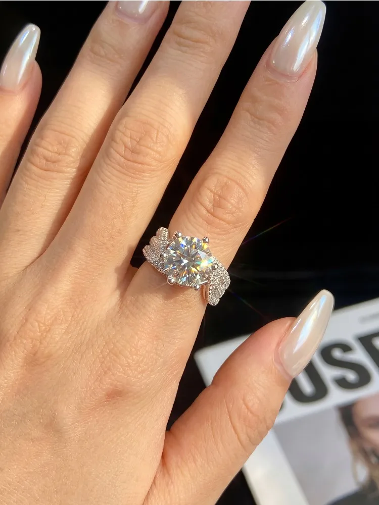 Luxuriöse 5CT Funkelnde Große Moissanit-Diamantringe für Damen, Prachtvolle Dreireihige Zirkon Echte 925 Silber Hochzeits-Feinjuwelen – Detail 4