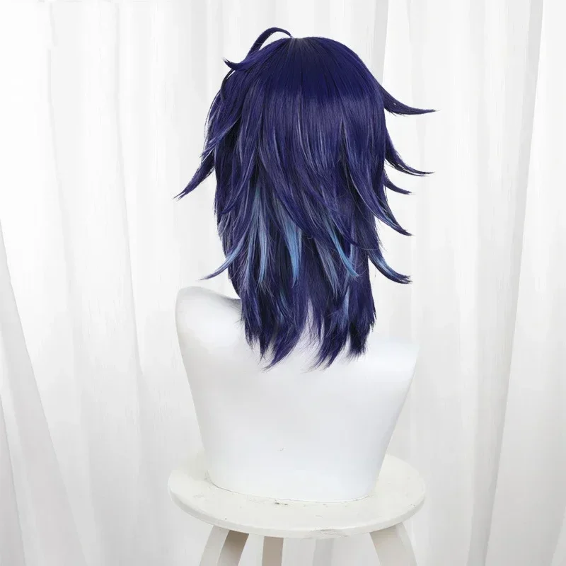 Jeu Genshin Impact Ororon Cosplay perruque hommes 40 cm bleu foncé cheveux longs Natlan Ororon Cosplay gratuit perruque casquette Halloween