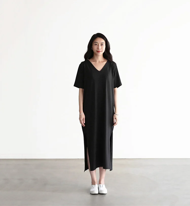 Summer New Style Modal Asymmetrical Long Dress Loose A-Line Skirt Short Sleeve Pocket Black V-Neck Dress Women's Fashion