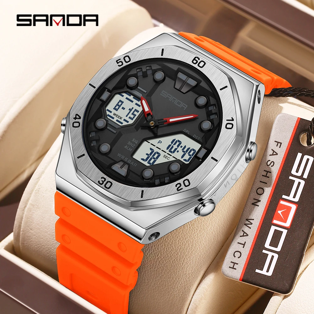 

SANDA 6306 Fashion Men's Electronic Watch Dual Display Multifunctional Night Light Alarm Clock Waterproof Cool Unisex Watch 2026