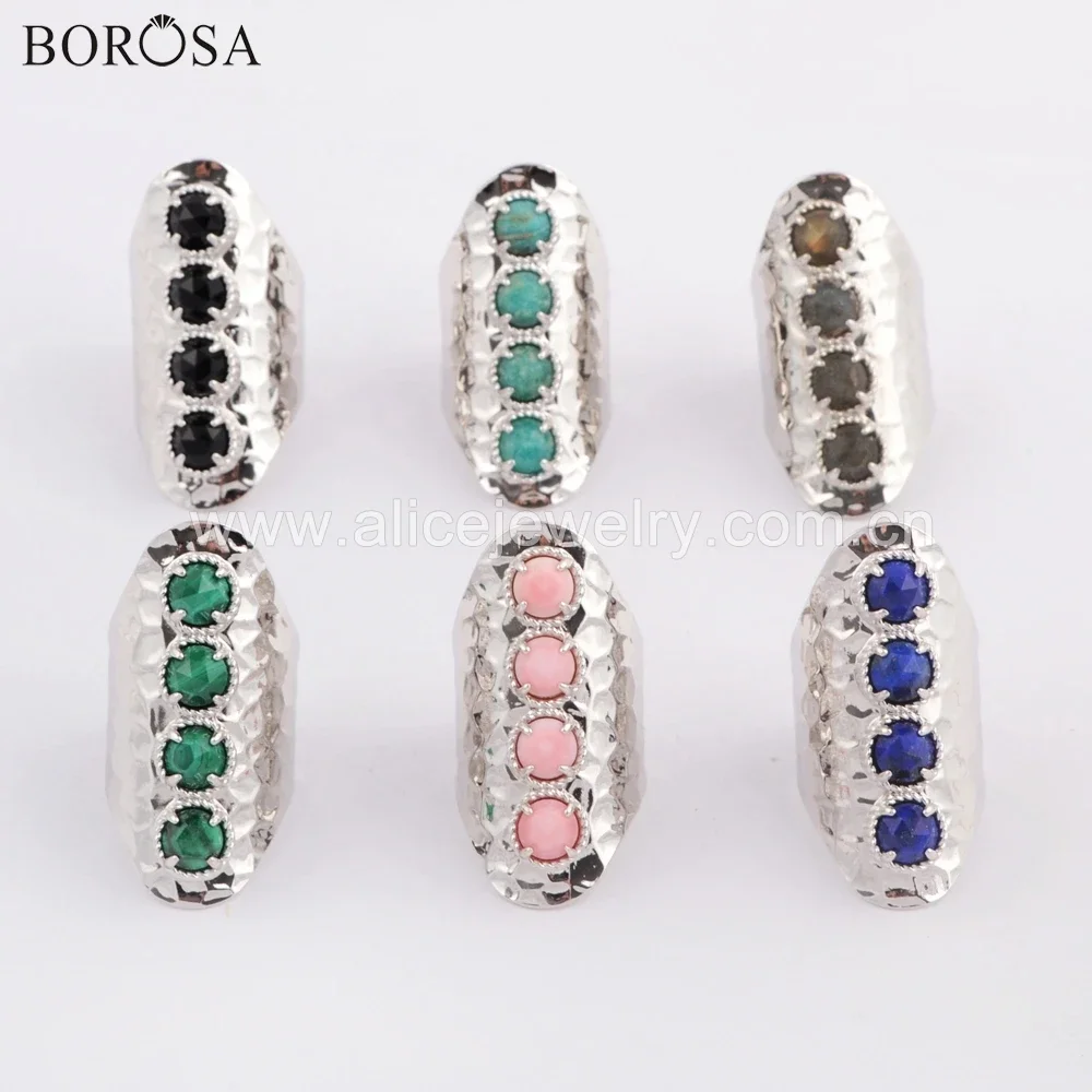 BOROSA 5PCS Silver Color Round Black Agates Malachite Band Ring Labradorite Natural Stone Claw Rings Jewelry for Women Gifts