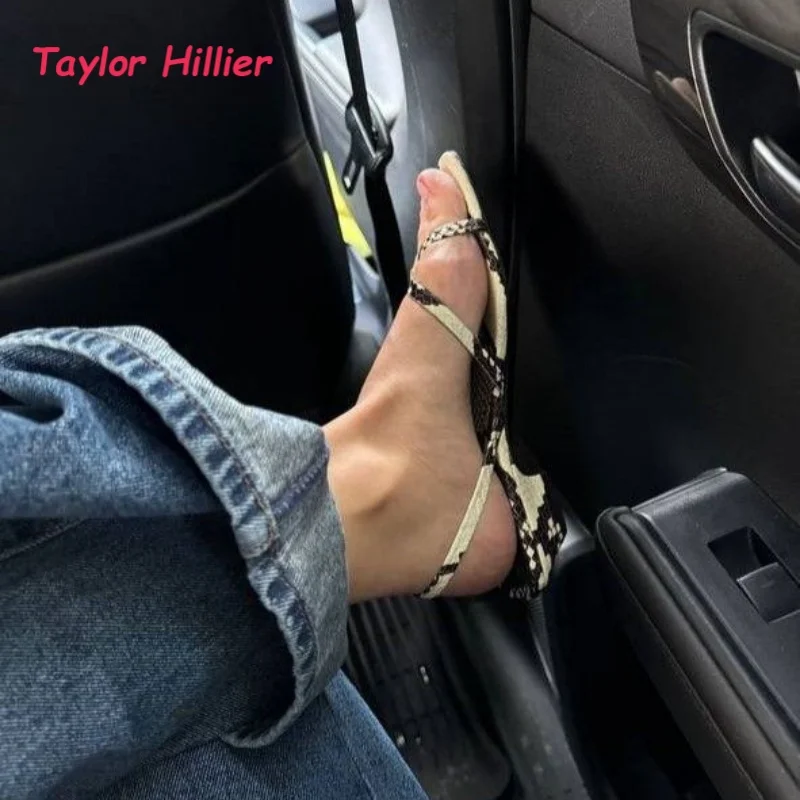 

Ankle Buckle Strap Snake Print Sandals Women Fashion Square Open Toe Chunky Heel Ladies Classy Summer Beach Shoes
