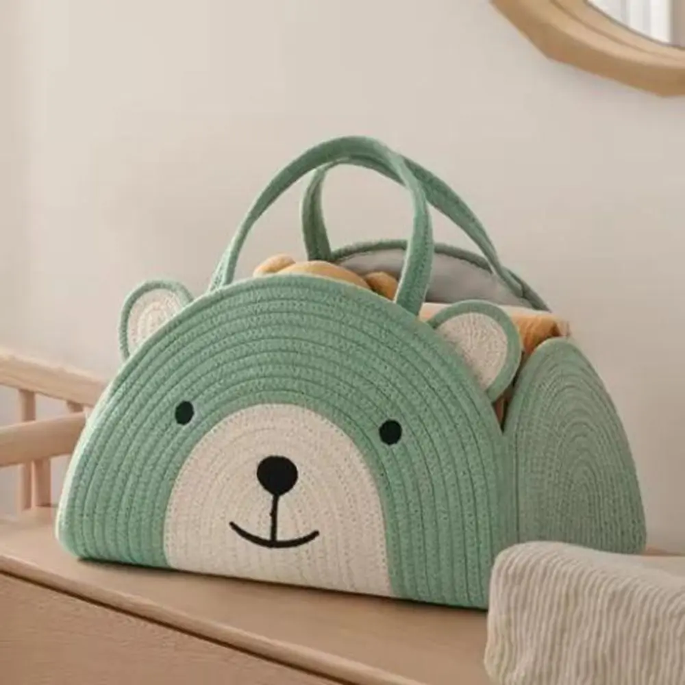 Cute Cotton Rope Baby Diaper Bag Bear Pattern Handheld Diaper Storage Bin with Handle Large Capacity Mommy Bag Nursery Use