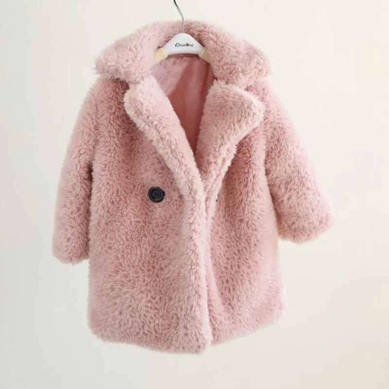 Humor Bear Fashion Girl Winter Jacket Fur Thick Toddler Child Warm Coat Wool Outwear Solid Color Kids Clothes 2-7Y