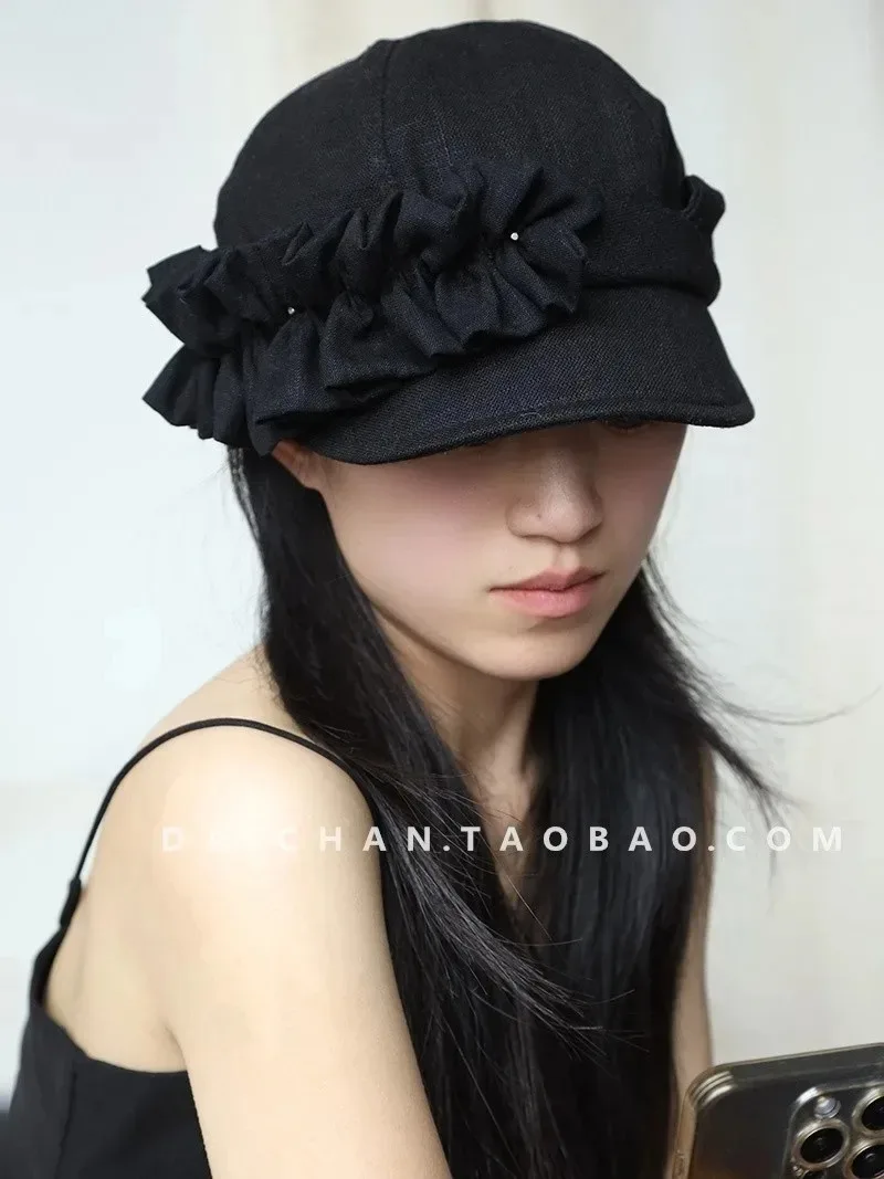 Niche Design Cotton and Linen Pleated Equestrian Hat Women Fashionable Face Small Girl Celebrity Style Sun Newsboy Caps