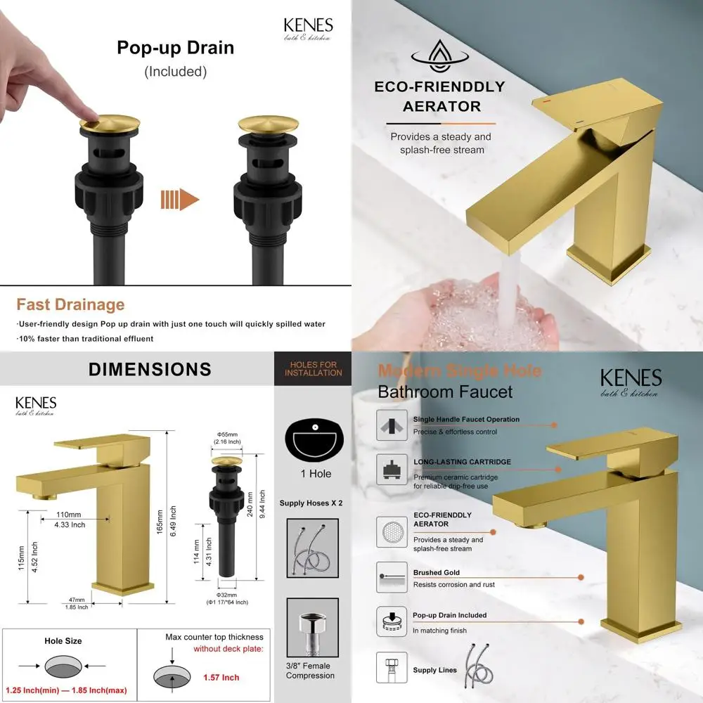 

Modern Gold Single Hole Faucet with Pop-Up Drain and Hoses for Lavatory Vanity Sink