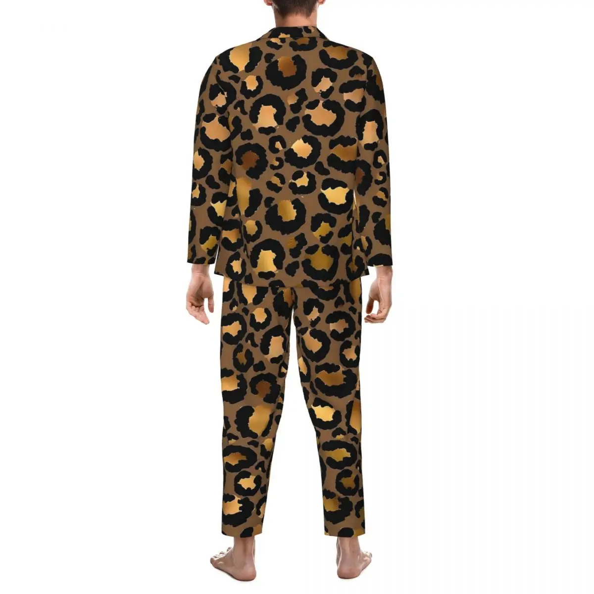 Pigiama Uomo Oro e Marrone Leopardo Sonno Indumenti da notte 2 Pezzi Retro Pigiama Set a maniche lunghe Kawaii Abito da casa oversize