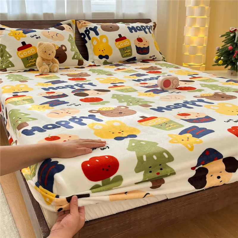Bonenjoy 1pc Fitted Sheet for Winter Coral Velvet Bedsheet Cartoon Style Bed Linen Warm Bed Cover drap housse (No Pillowcase)