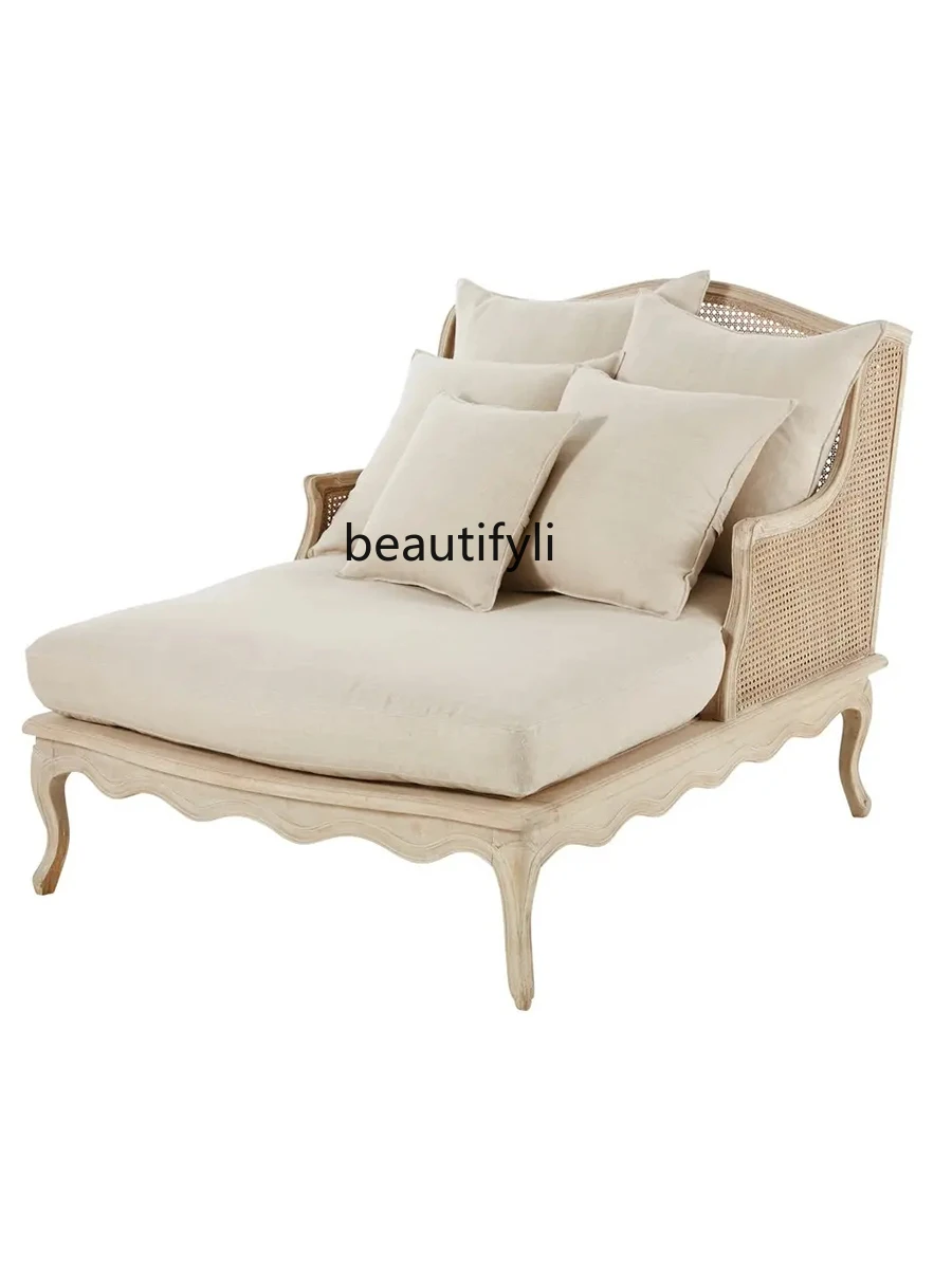 

American Retro Solid Wood Chaise Longue Beauty Bed French Rattan Chair Living Room Balcony Leisure Recliner