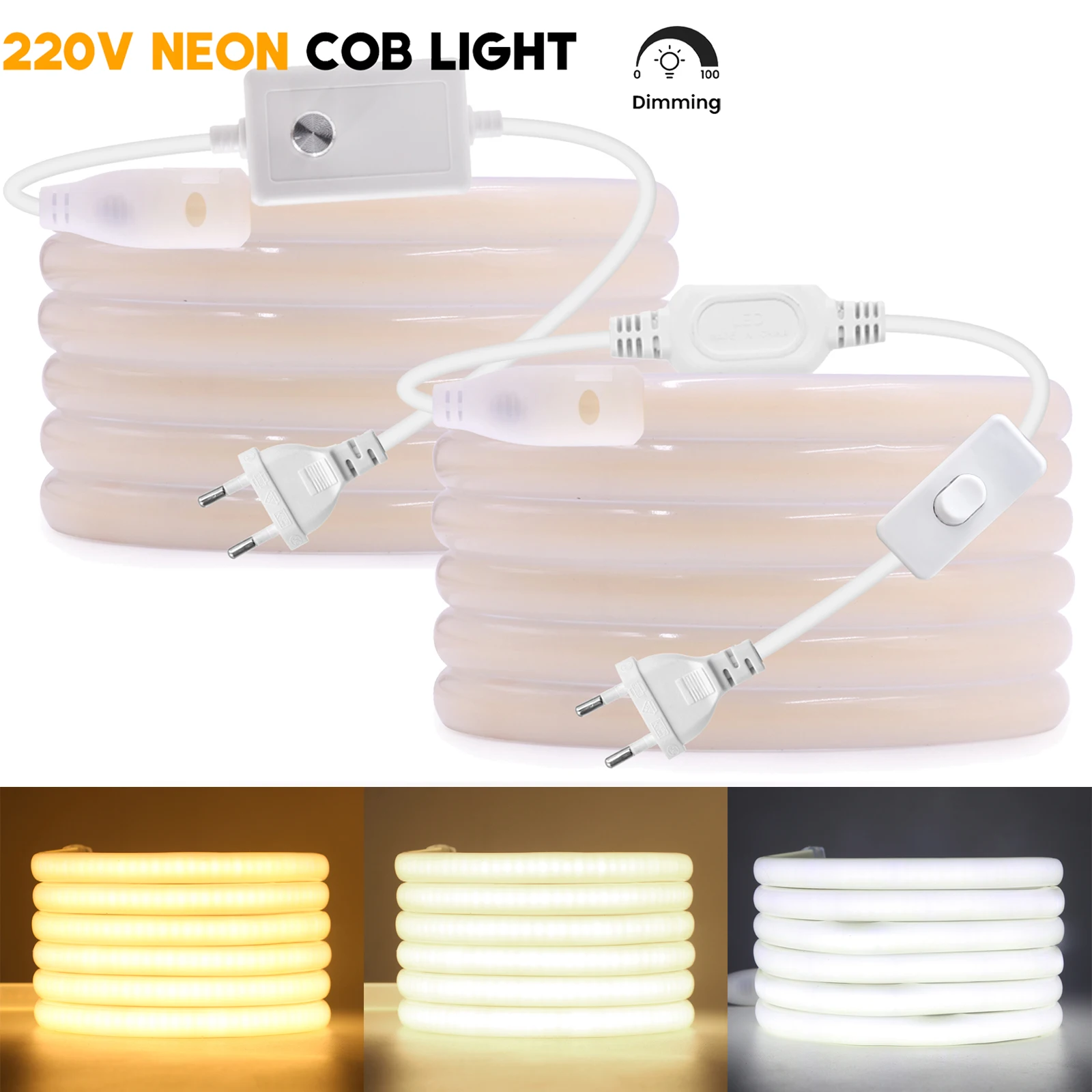 Waterproof COB LED Strip 220V LED Neon Strip With Switch Dimmer High Density 288LEDs/m Flexible Neon LED Lights COB Tape