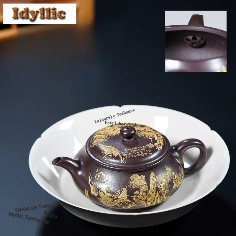 

210ml Antique Yixing Purple Clay Teapots Handmade Gold Carving Pot Raw Ore Purple Mud Kettle Chinese Zisha Tea Set Tea Ceremony