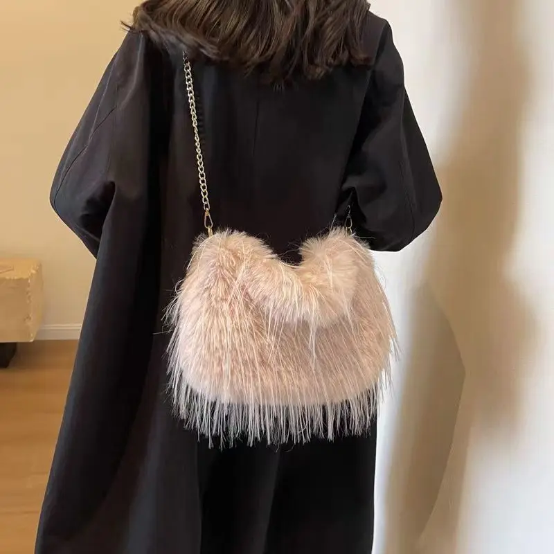 2024 Winter New Faux Fur Handbag Trendy Fuzzy Long Tassel Plush Shoulder Bag Fashion Female Furry Purse Tote Handbag Sac A Main