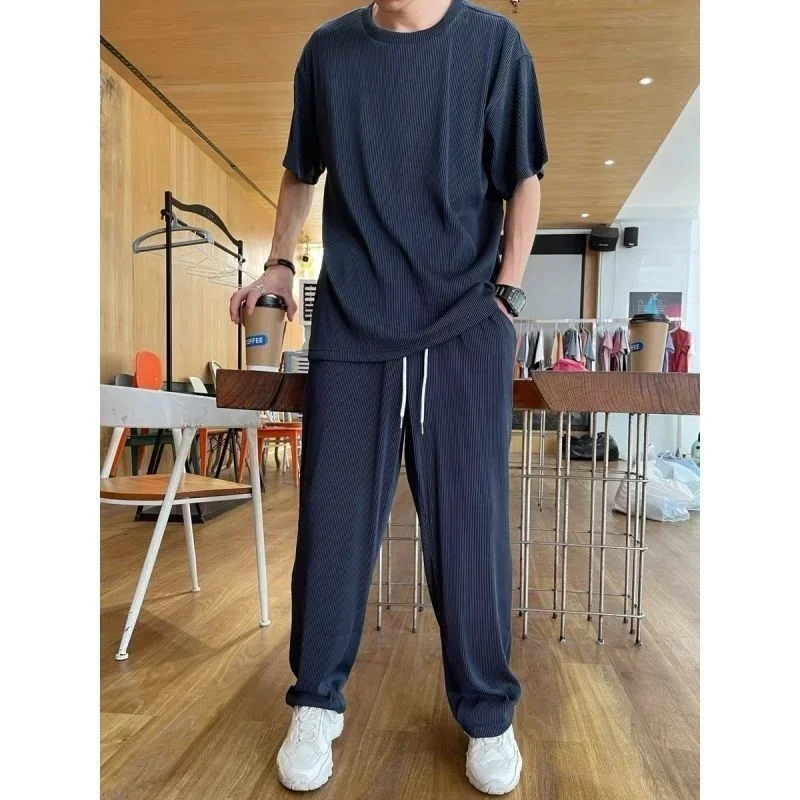 Summer Men's Sets Loose Ice Sports Tracksuits Fashion Casual Short Sleeve T-shirt and Pants Two-piece Sets Men Clothes Suit