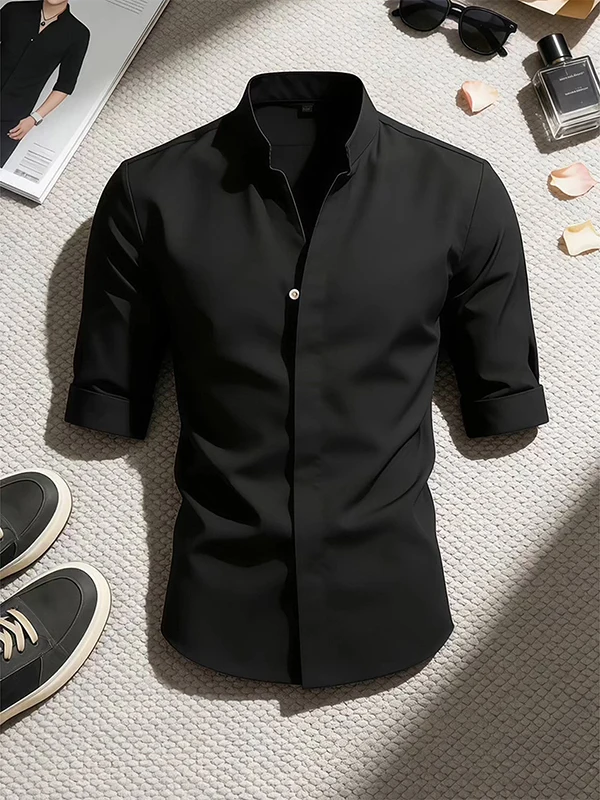 Camisa de Hombre Negra con Cuello Mao, Manga Larga, Estilo Británico Elegante, Corte Estándar, Fibra de Poliéster
